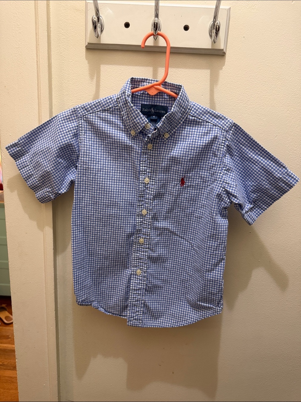 Polo by Ralph Lauren Blue Gingham Short Sleeve Button-Down with Red Pony